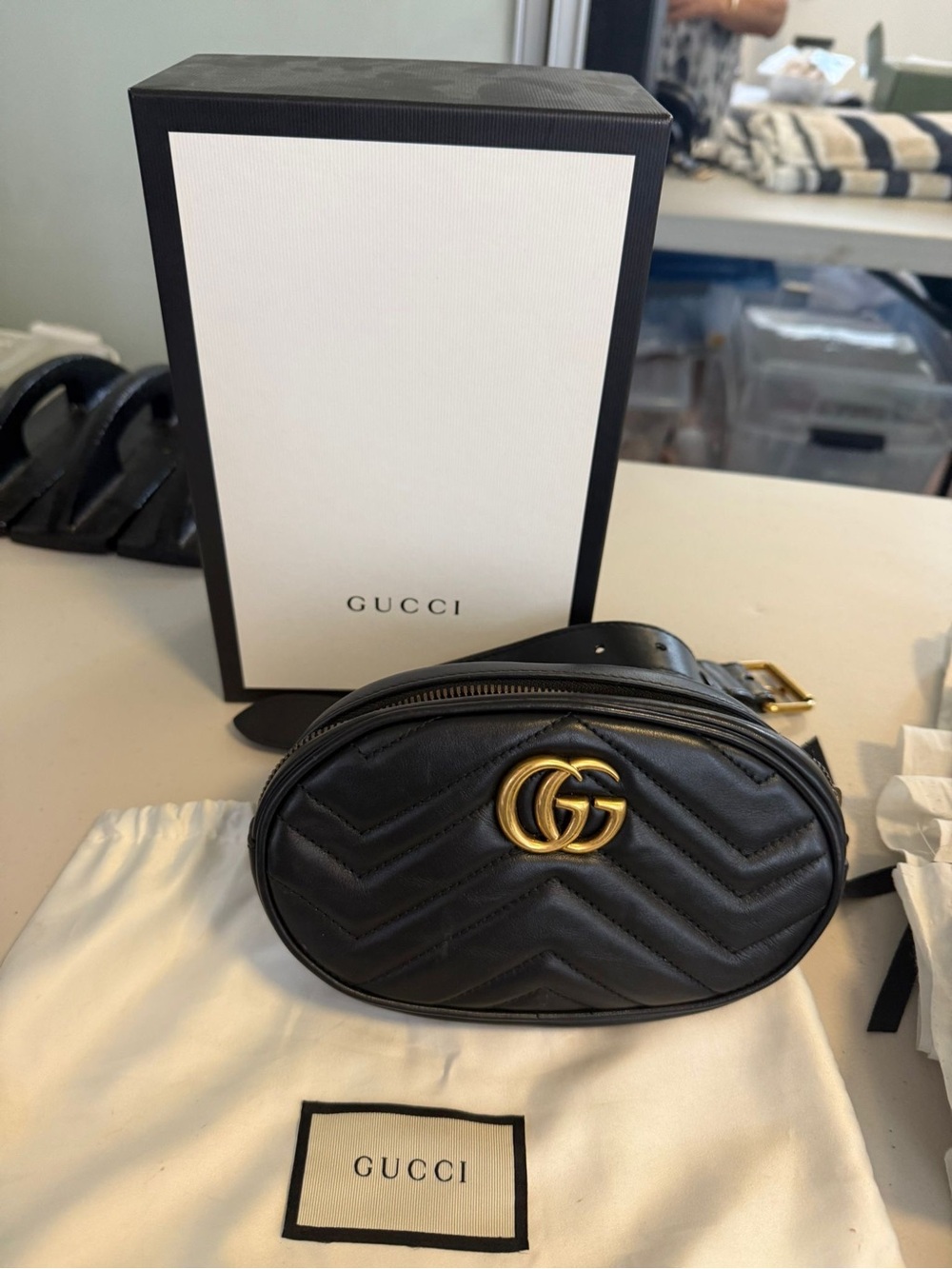 Gucci Black Quilted Leather GG Belt Bag with Gold Hardware